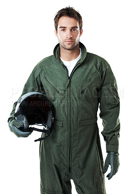 Buy stock photo Military, pilot and man with helmet in studio, portrait and flight preparation and soldier with duty. White background, aircraft commander and person with hard hat, confident and ready for mission