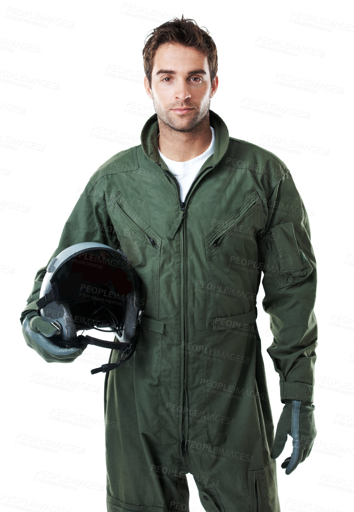 Buy stock photo Military, pilot and man with helmet in studio, portrait and flight preparation and soldier with duty. White background, aircraft commander and person with hard hat, confident and ready for mission