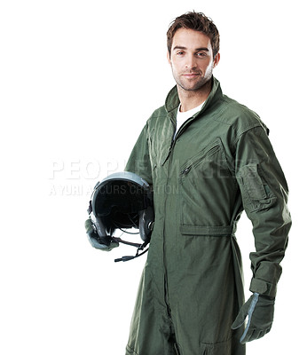 Buy stock photo Pilot, military and helmet with portrait in studio for combat aviation, national defense or space. Aviator, man and flight suit with smile on white background for service, airforce and mission ready