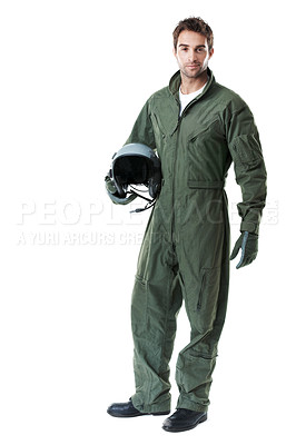 Buy stock photo Pilot, smile and man with helmet in studio, white background and flight preparation or military duty. Portrait, aircraft commander and happy person with pride, space and ready for mission in USA