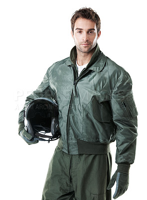 Buy stock photo Pilot, airforce and helmet with portrait in studio for combat aviation, national defense or duty. Aviator, man and confident in flight suit on white background for service, military or mission ready