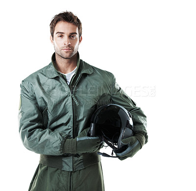 Buy stock photo Army, pilot and man with helmet in studio, confident and flight preparation and serious for mission. Portrait, aircraft commander and person with military duty, white background and space in USA