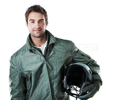 Buy stock photo Portrait, pilot and man with helmet, smile and flight preparation and pride military duty in studio. White background, aircraft commander and happy person with hard hat, space and ready for mission