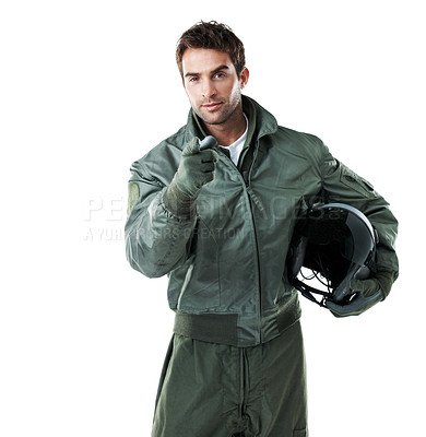 Buy stock photo Portrait, pilot and man with helmet, point and flight preparation and military selection for mission. White background, aircraft commander and person with gesture, space and recruitment choice in USA
