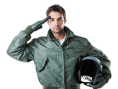 Buy stock photo Serious, pilot and man with salute in studio, portrait and greeting with respect symbol or military. White background, aircraft commander and person with honor sign, confident and ready for mission