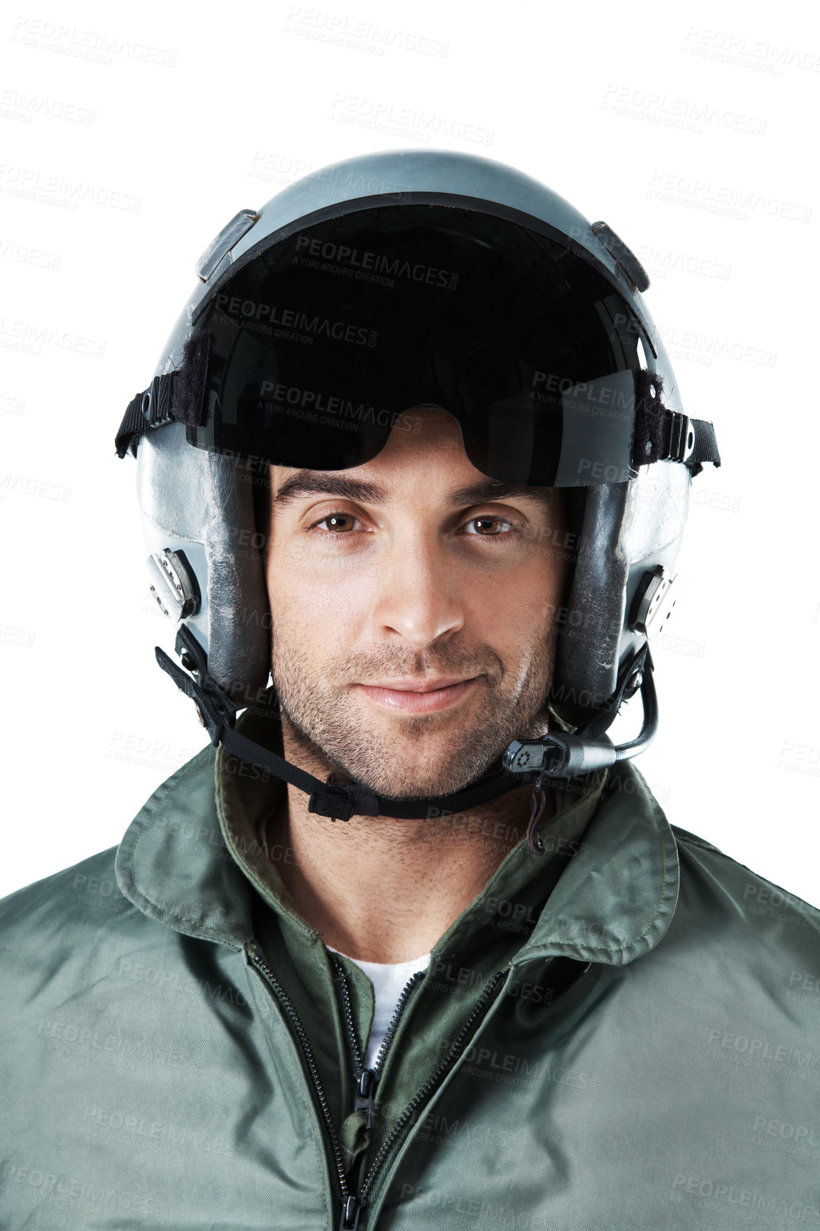 Buy stock photo Aviator, soldier and portrait of man in studio for airforce, government pilots and military service. Uniform, happy and person with helmet, visor and gear for army, mission or war on white background