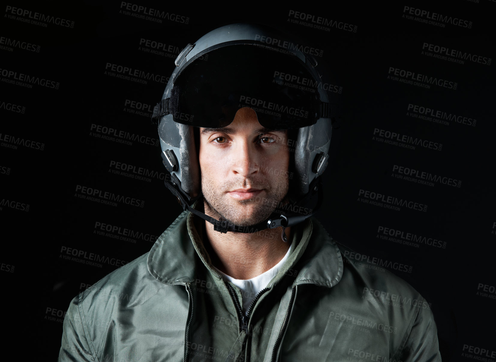 Buy stock photo Hero, soldier and pilot with portrait of man in studio for army militant, war veteran and aerial combat expert. Airspace mission, aviator and military with person on black background for security