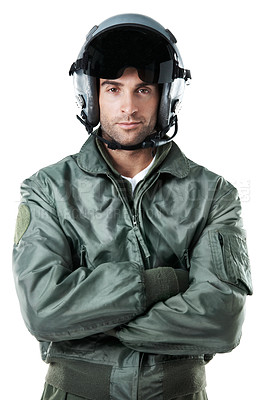 Buy stock photo Uniform, portrait and man in studio for airforce, government worker and military service as pilot. Crossed arms, confidence and person with helmet, visor and gear for army career on white background