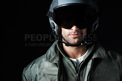 Buy stock photo Smile, military and pilot with helmet with man in studio for army militant, war veteran and aerial combat expert. Airspace mission, aviator and space with person on black background for security