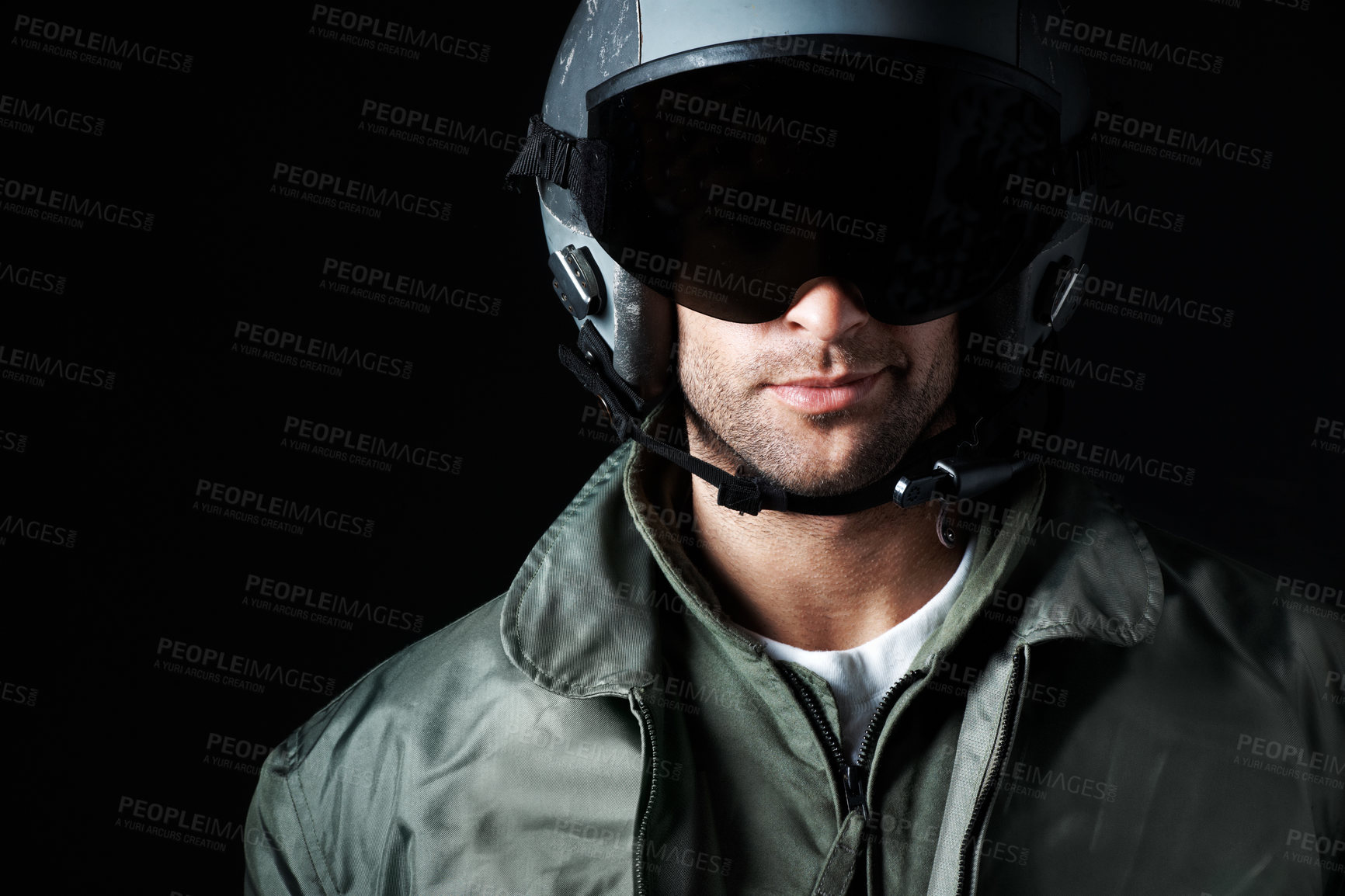 Buy stock photo Smile, military and pilot with helmet with man in studio for army militant, war veteran and aerial combat expert. Airspace mission, aviator and space with person on black background for security