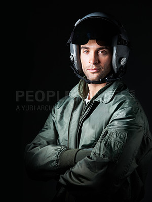 Buy stock photo Arms crossed, soldier and pilot with portrait of man in studio for army militant, war and aerial combat expert. Airspace mission, aviator and space with person on black background for security
