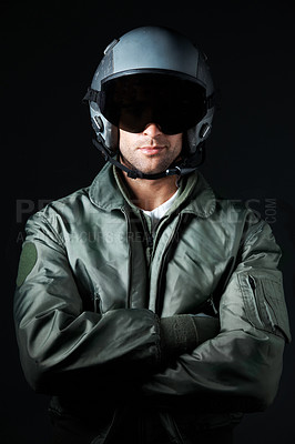 Buy stock photo Arms crossed, military and pilot with helmet with man in studio for army militant, war and aerial combat. Airspace mission, navy and security with person on black background for gear and guard