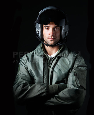 Buy stock photo Military arms crossed and pilot with portrait of man in studio for army militant, war or aerial combat expert. Airspace mission, aviator and solder with person on black background for security