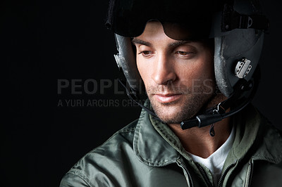 Buy stock photo Thinking, soldier and pilot with man in studio for army militant, war officer and aerial combat expert. Airspace mission, aviator and space with person on black background for vision and idea
