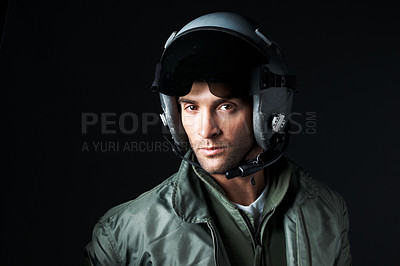 Buy stock photo Fighter, serious and pilot with portrait of man in studio for army militant, war veteran and security. Airspace mission, aviator and space with person on black background for aerial combat expert