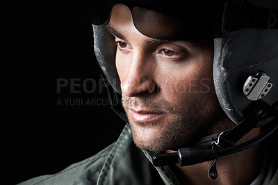 Buy stock photo Military, soldier and thinking with pilot or man in studio for army militant, war and aerial combat expert. Airspace mission, aviator and space with person on black background for vision and mindset
