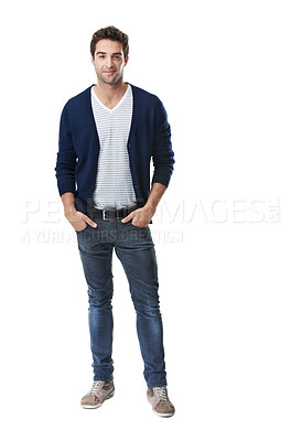 Buy stock photo Portrait, fashion and man with pride in studio, white background and writer with career development. Creative, author and person with smile for casual outfit, mockup space or positive attitude in USA