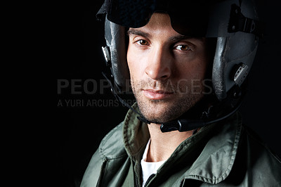Buy stock photo Military, serious and pilot with portrait of man in studio for army militant, war veteran and aerial combat expert. Airspace mission, aviator and space with person on black background for security