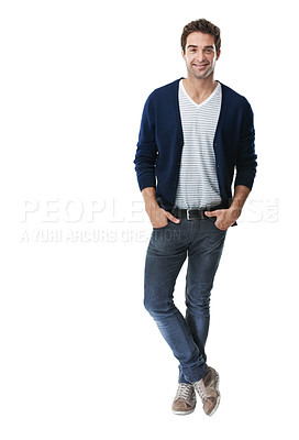 Buy stock photo Fashion, streetwear and man with smile in studio, white background and writer with pride for career. Portrait, author and happy person with casual outfit, space and positive attitude in Germany
