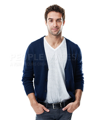 Buy stock photo Portrait, fashion and man with smile in studio, white background and writer with ambition for career. Creative, author and happy person with casual outfit, confident and positive attitude in USA