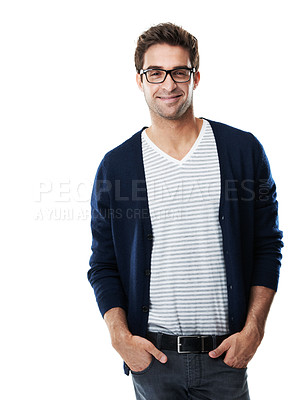Buy stock photo Smile, fashion and portrait of man in studio with casual, cool and trendy outfit with confidence. Glasses, happy and male person with pride for stylish clothes and spectacles by white background.