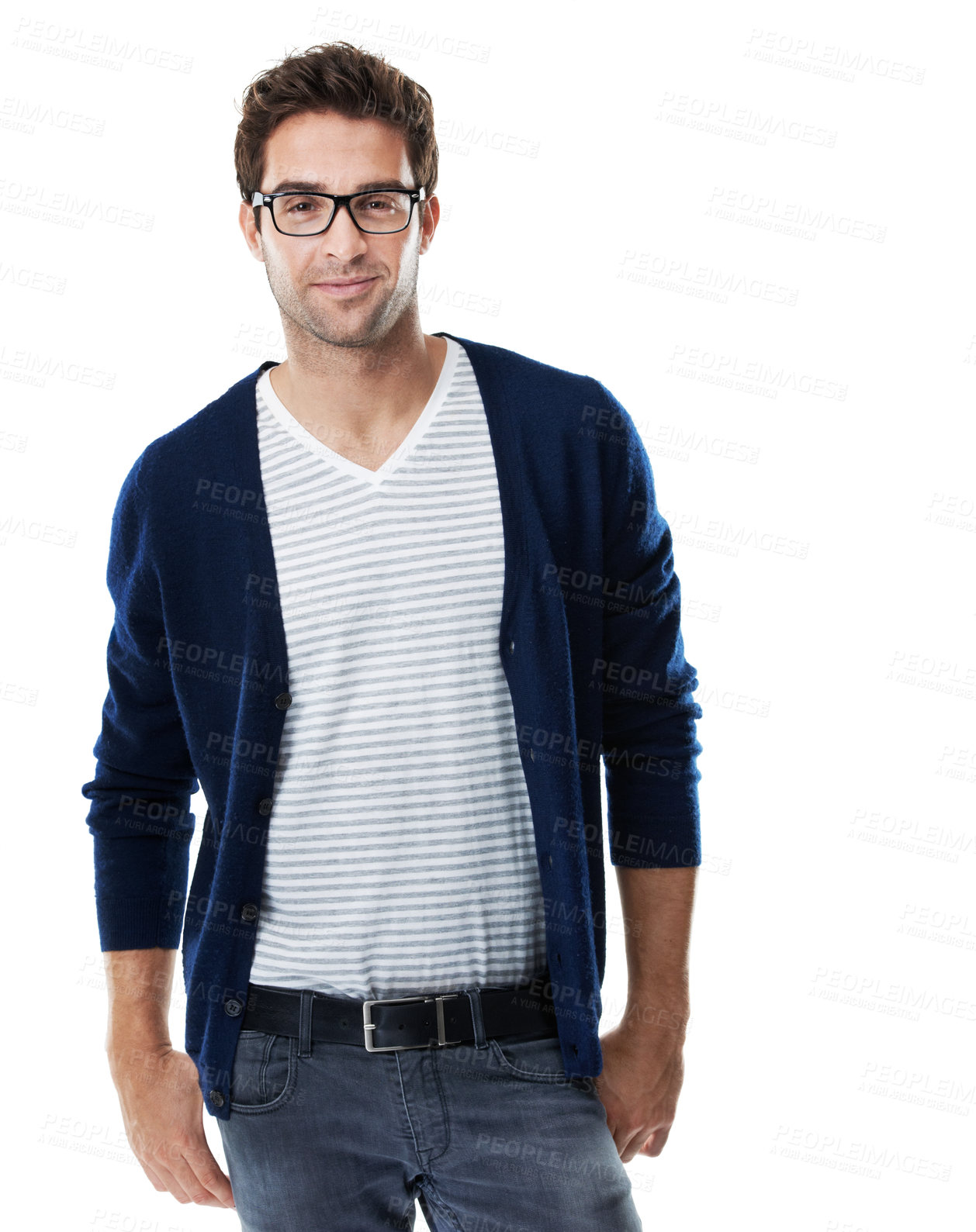 Buy stock photo Man, portrait and studio with glasses for fashion, nerdy or casual style on a white background. Male person, geek or smile with clothing aesthetic, accessory or confidence for eyewear, outfit or lens