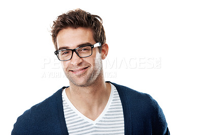 Buy stock photo Portrait, man and glasses in studio with prescription lens, eye care and happy for vision wellness. Confident, person and spectacles for eyesight, optometry and smile for eyewear on white background.