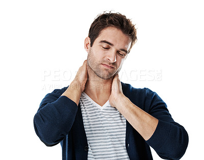 Buy stock photo Upset, injury and man in studio with neck pain, muscle fatigue and strain for incorrect posture. Frustrated, health and person with stress, tension and pressure for fibromyalgia on white background