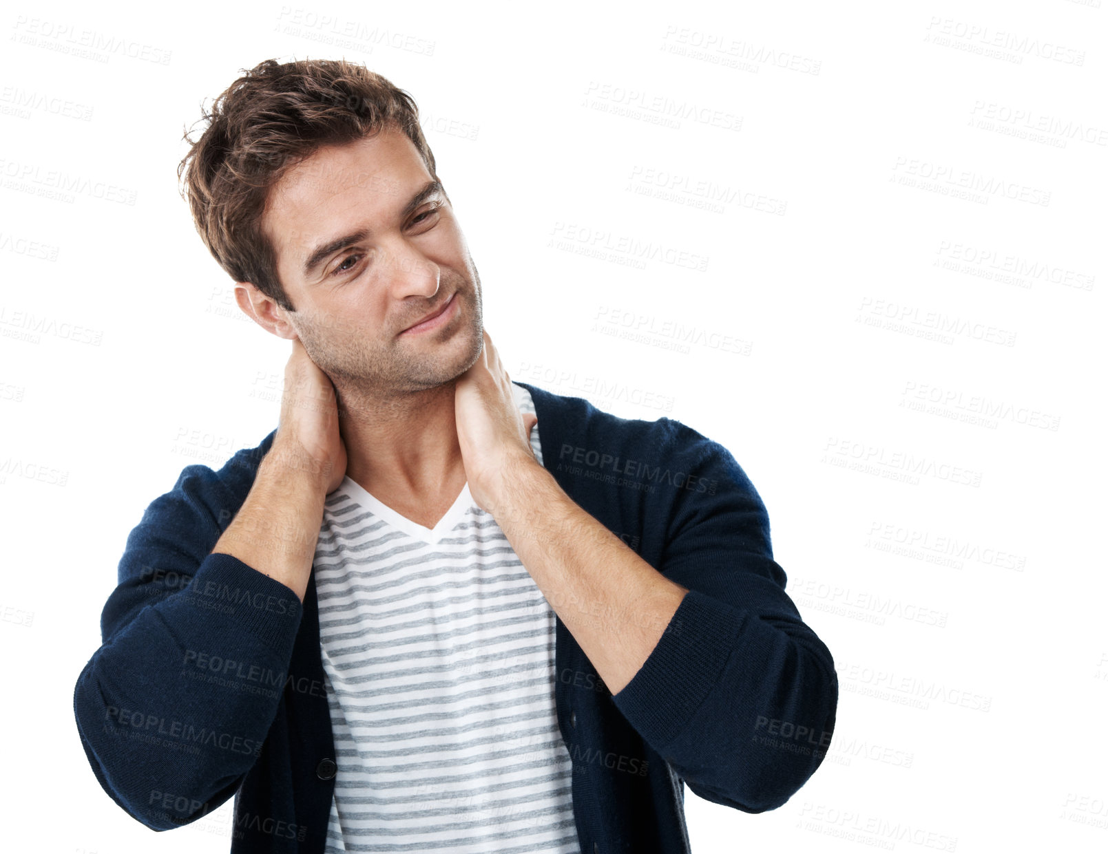 Buy stock photo Space, injury and man in studio with neck pain, muscle fatigue and strain for incorrect posture. Mockup, health and person with stress, tension and pressure for fibromyalgia on white background
