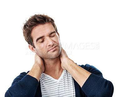 Buy stock photo Stress, space and man in studio with neck pain, muscle fatigue and strain for incorrect posture. Mockup, health and person with tension, frustrated and pressure for fibromyalgia on white background