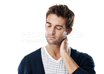 Buy stock photo Tired, space and man in studio with neck pain, muscle fatigue and strain for incorrect posture. Massage, health and person with stress, tension and pressure for spinal injury on white background