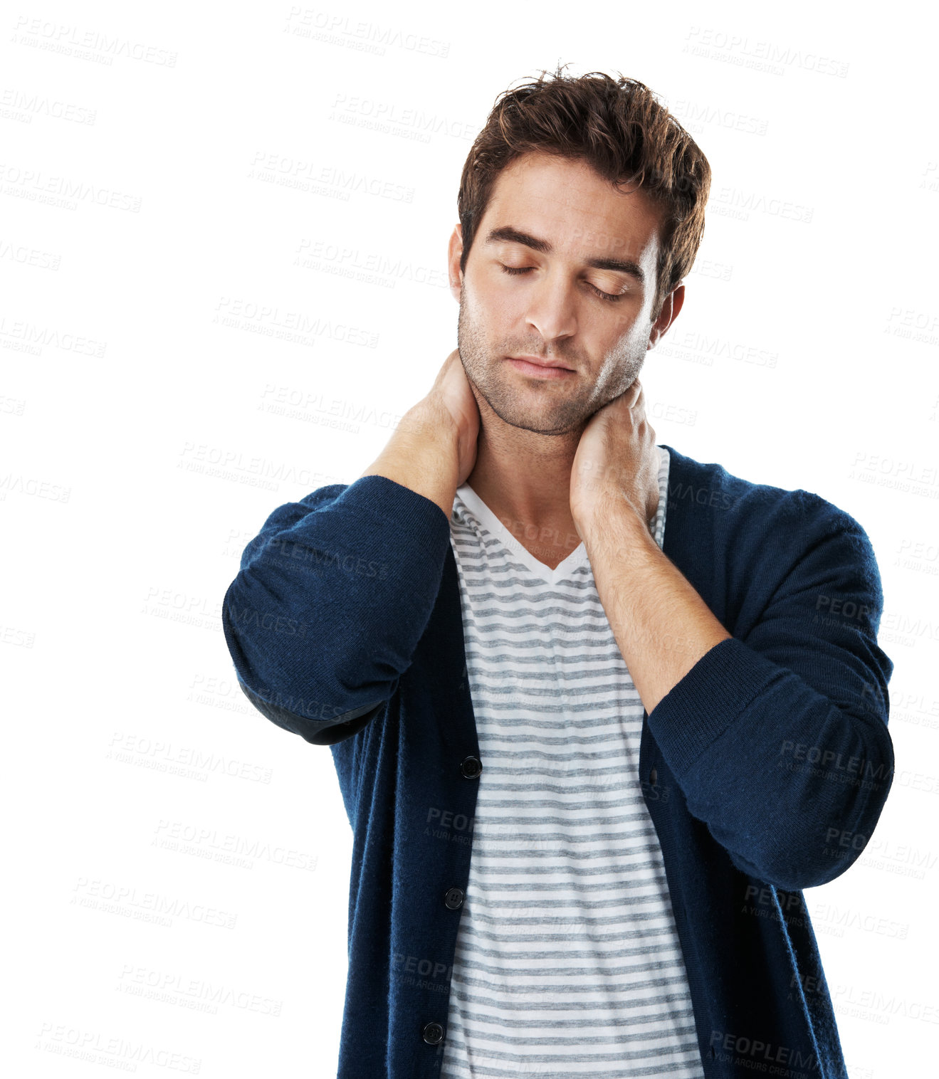 Buy stock photo Stress, injury and man in studio with neck pain, muscle fatigue and strain for incorrect posture. Massage, health and person with tension, accident and pressure for fibromyalgia on white background
