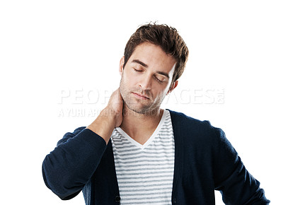 Buy stock photo Tired, stress and man in studio with neck pain, muscle fatigue and strain for incorrect posture. Space, massage and person with burnout, tension and pressure for health injury on white background