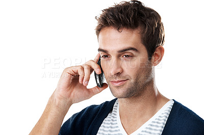 Buy stock photo Thinking, space and man in studio for phone call, online conversation and chat for communication. Happy, connection and person on cellphone for listening, contact and networking on white background