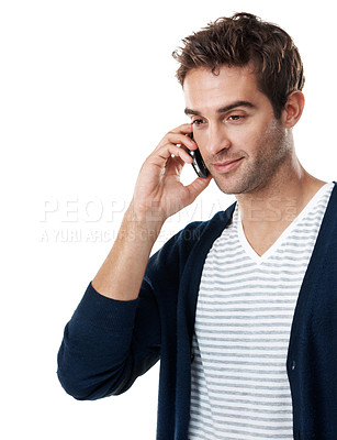 Buy stock photo Studio, phone call and man with smile for discussion, white background or communication with contact. Digital, chat and happy person with mobile, listening and networking with tech and connection
