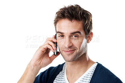 Buy stock photo Happy, portrait and man in studio for phone call, online conversation and chat for communication. Smile, connection and person on cellphone for speaking, contact and networking on white background