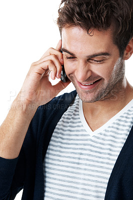 Buy stock photo Studio, phone call and man with smile, laughing or communication with contact and network with tech. Happy, discussion and person with mobile, white background and listening to funny chat and gossip