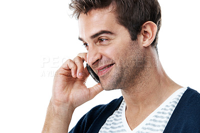 Buy stock photo Phone call, chat and man in studio, laughing and communication with contact and networking with tech. White background, conversation and person with mobile, listening and funny gossip on break