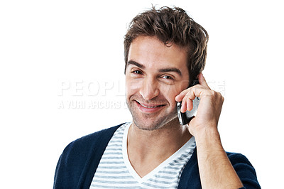 Buy stock photo Portrait, man and smile in studio with phone call, hearing story and good mood for gossip update. Happy, male person and listen to feedback with tech, contact and connectivity on white background.