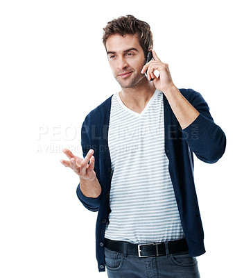 Buy stock photo Man, listen and phone call in studio with work planning, creativity and update for marketing project. Person, contact and tech for advertising job, campaign proposal and feedback on white background.
