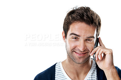 Buy stock photo Portrait, space and man in studio for phone call, online conversation and chatting for communication. Happy, mockup and person on cellphone for connection, contact and networking on white background