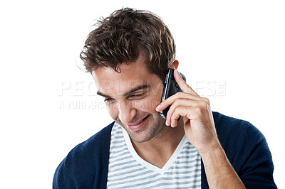 Buy stock photo Smile, conversation and man in studio for phone call, online chatting and talking for communication. Happy, connection and person on cellphone for speaking, contact and networking on white background