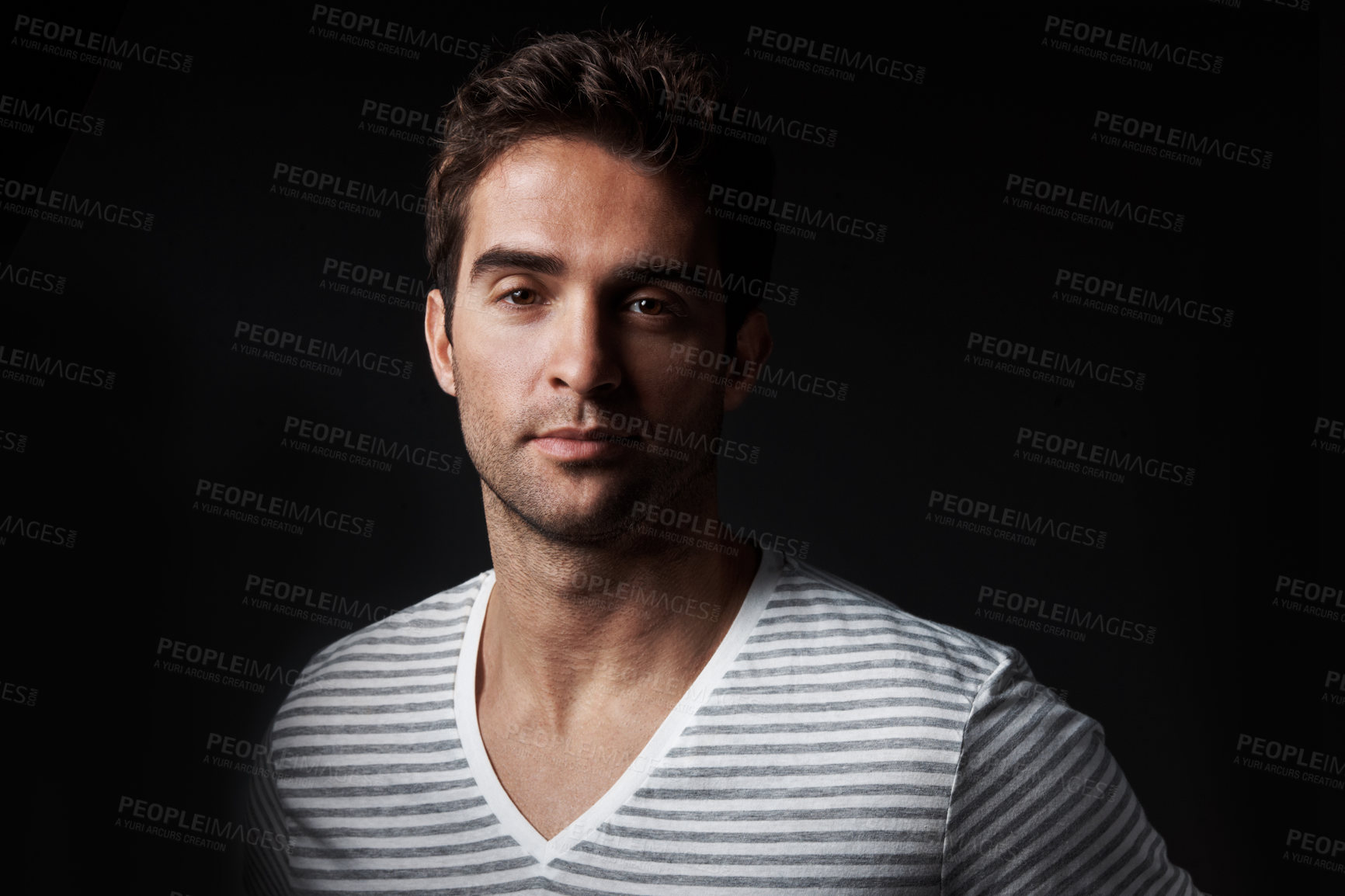 Buy stock photo Serious, man and designer in studio with portrait, career pride and about us for clothes launch. Creative, male person and entrepreneur with ambition, attitude and apparel tailor on dark background