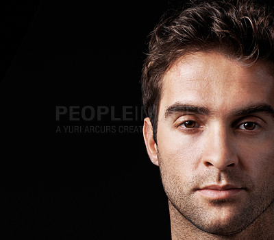 Buy stock photo Skincare, space and portrait of man in studio for mockup, wellness and beauty aesthetic. Dermatology, cosmetics and self care hydration with person on black background for facial, glow and shine
