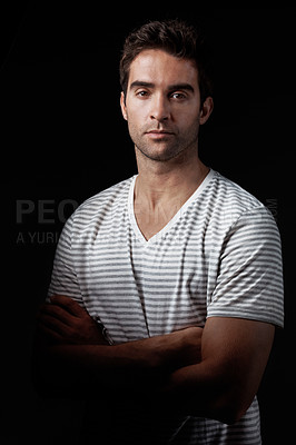 Buy stock photo Portrait, man and serious in studio with arms crossed, creativity and pride for advertising career. Confident, person and worker with about us, brand management and marketing job on black background.