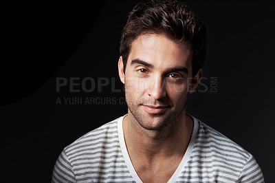 Buy stock photo Happy, man and designer in studio with portrait, career pride and about us for fashion. Mockup space, person and entrepreneur with ambition, positive attitude and apparel tailor on dark background