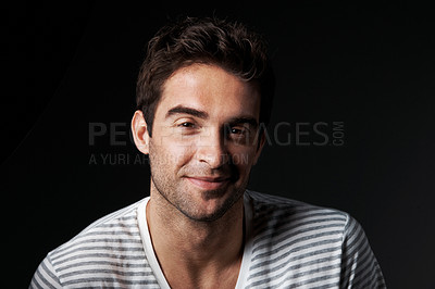 Buy stock photo Portrait, creative and happy with man in studio, career pride and about us for fashion designer. Space, person and entrepreneur with ambition, positive attitude and apparel tailor on dark background