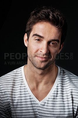 Buy stock photo Portrait, creative and man in studio with smile, career pride and about us for fashion designer. Happy, person and entrepreneur with ambition, positive attitude and apparel tailor on dark background