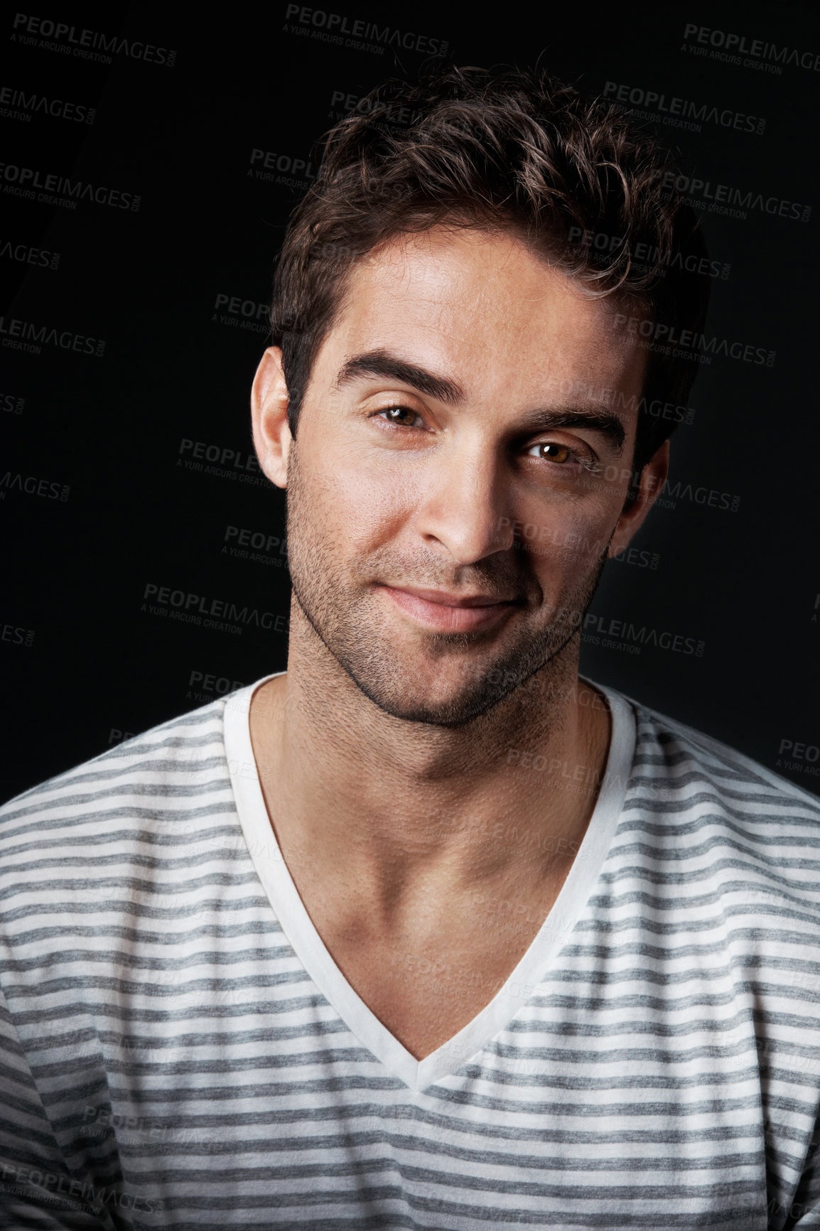 Buy stock photo Portrait, creative and man in studio with smile, career pride and about us for fashion designer. Happy, person and entrepreneur with ambition, positive attitude and apparel tailor on dark background