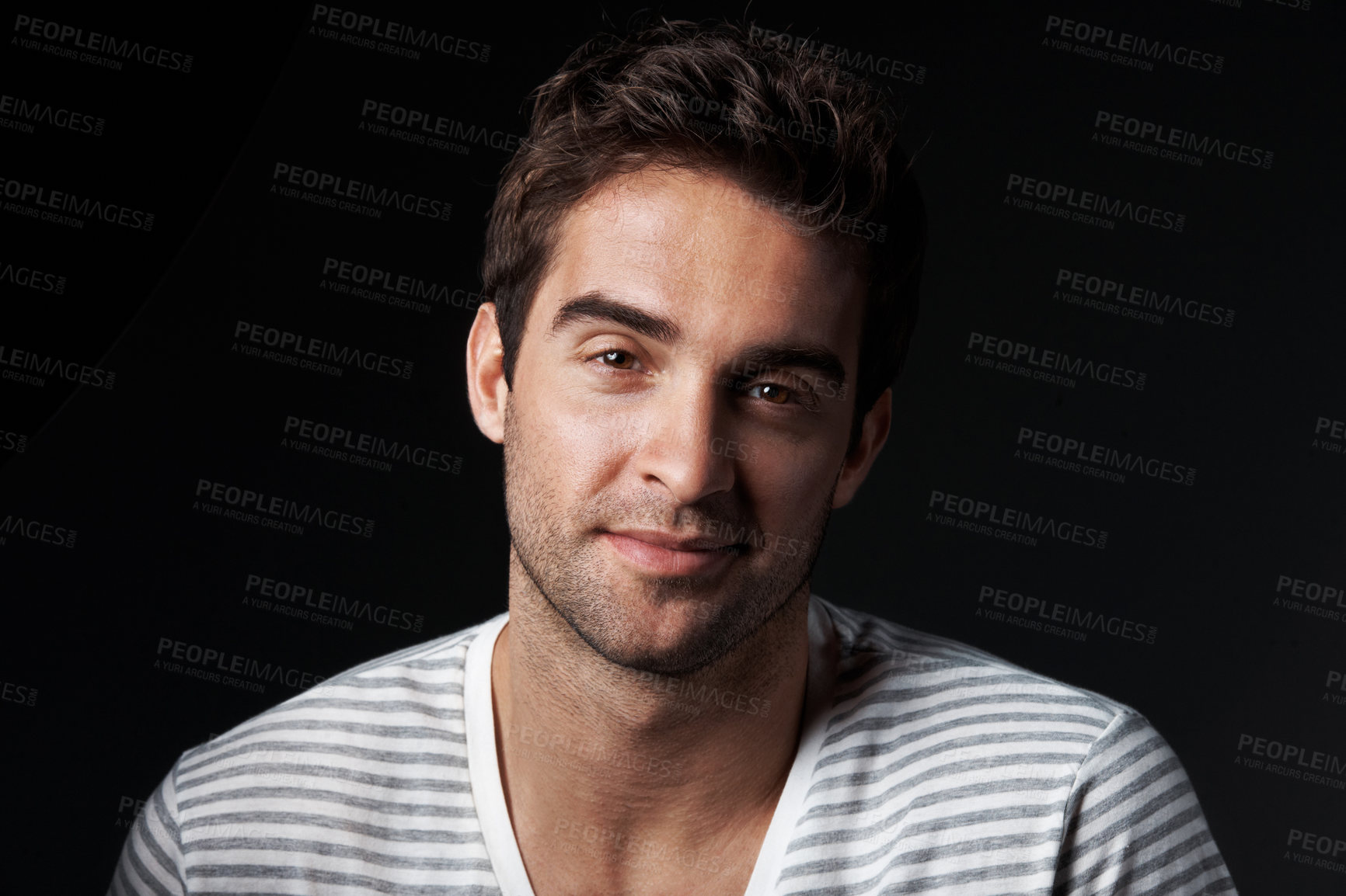 Buy stock photo Confident, man and designer in studio with smile, career pride and about us for clothes launch. Portrait, person or entrepreneur with ambition, positive attitude and apparel tailor on dark background